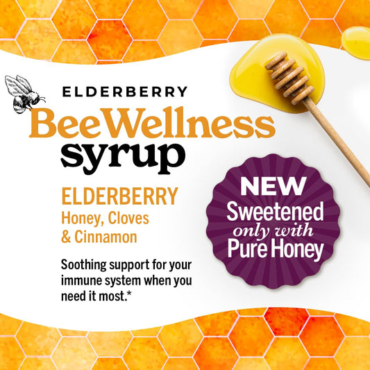 Norm's Farms BeeWellness elderberry syrup being poured to reveal rich flavor and aroma