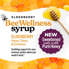 Norm's Farms BeeWellness elderberry syrup being poured to reveal rich flavor and aroma