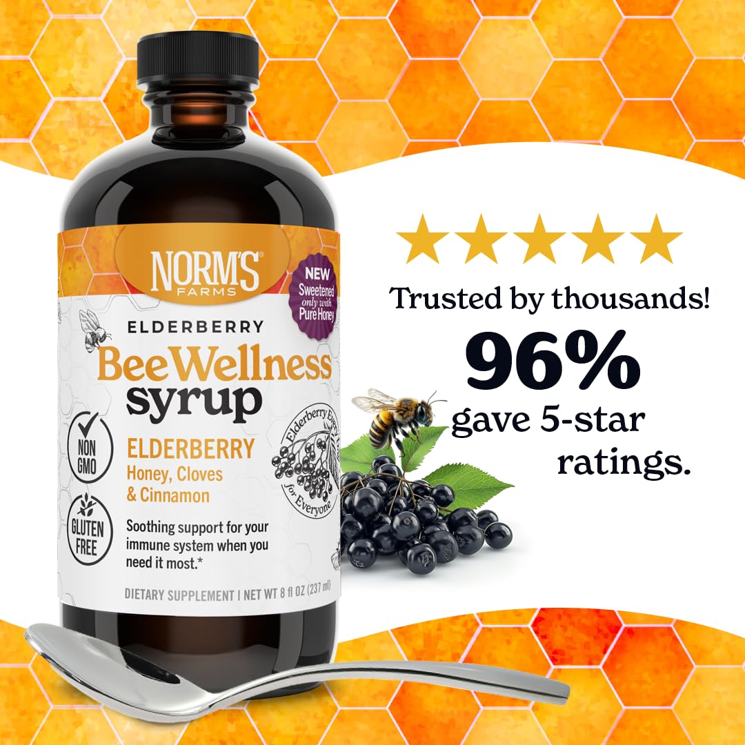 Norm's Farms BeeWellness elderberry syrup refrigeration-ready glass bottle