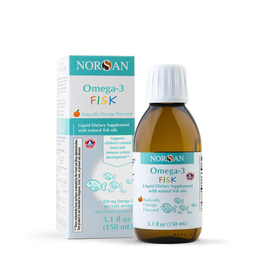 NORSAN Fisk Kids liquid omega-3 bottle ready for daily heart, brain, and vision support.