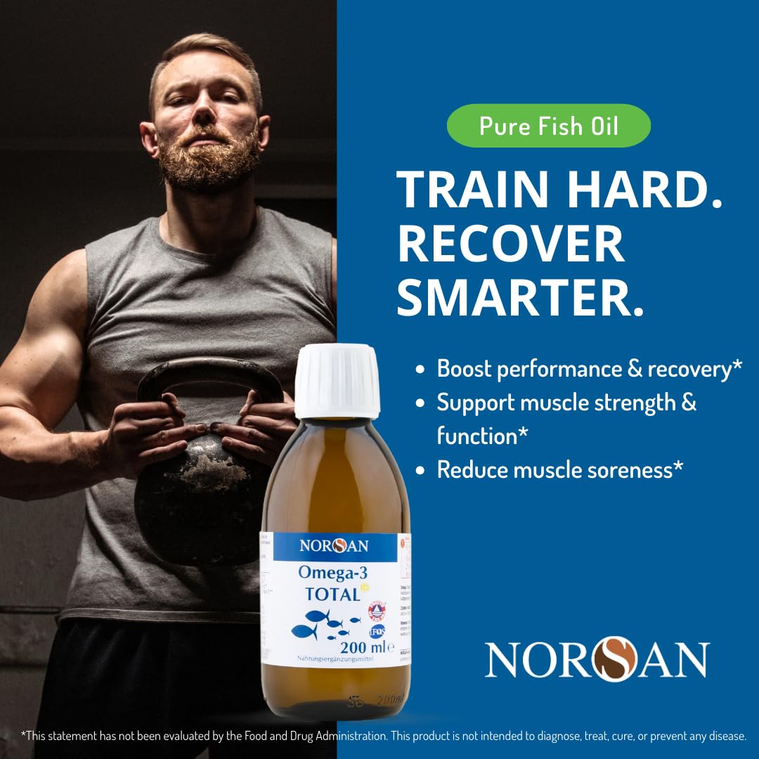 NORSAN Omega-3 Total Liquid label close-up showing 2000 mg.