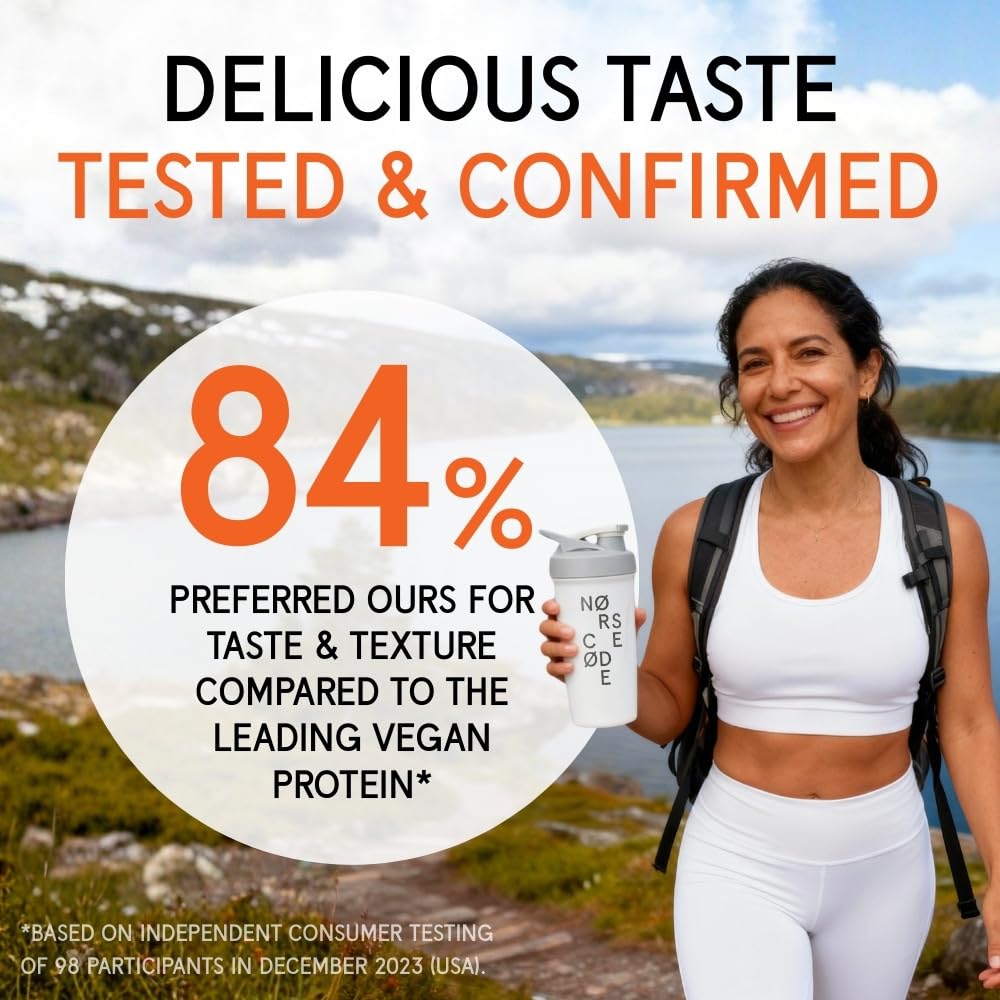 Norse Code powder in a shaker showing creamy chocolate protein shake.