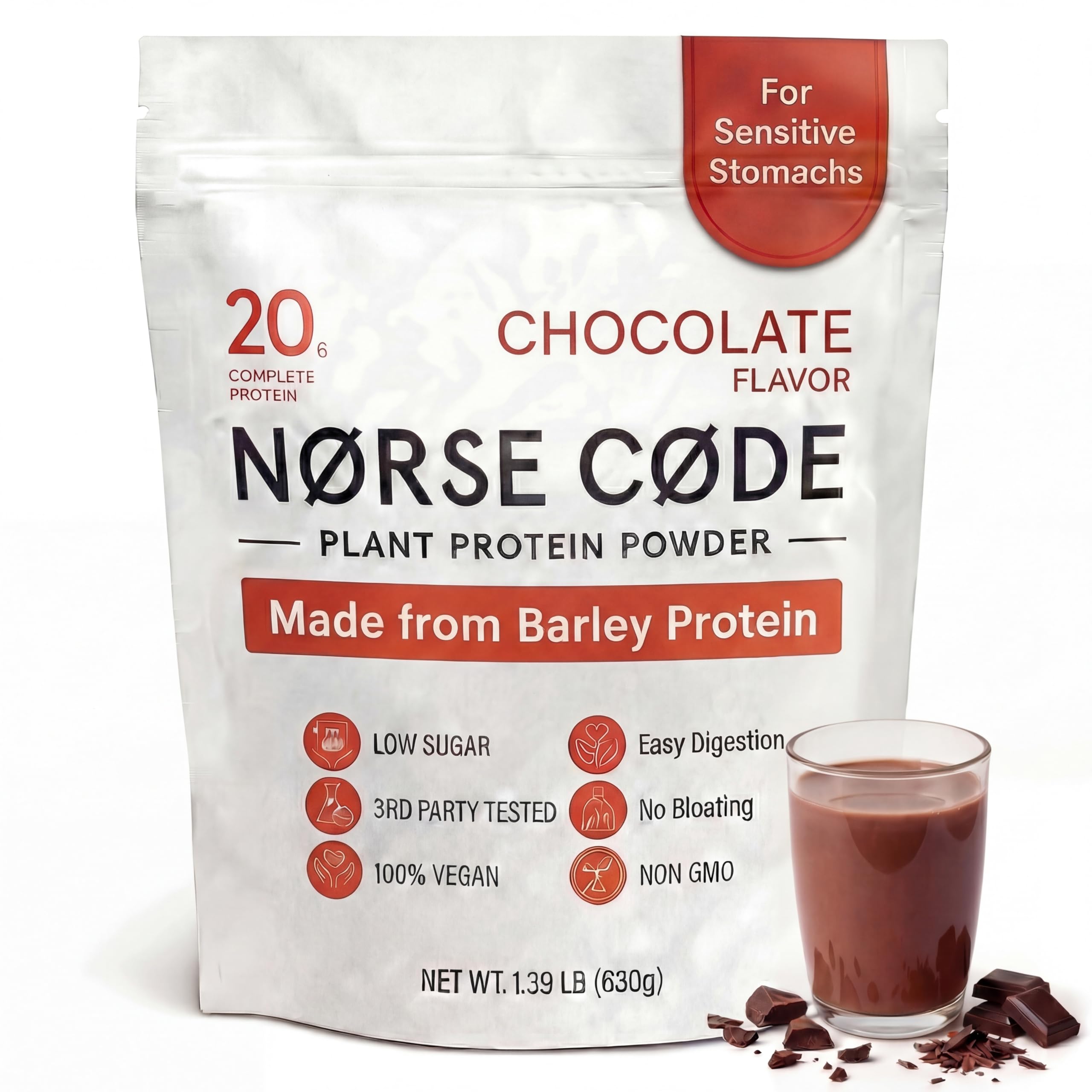 Norse Code chocolate barley protein powder tub for a smooth post-workout shake.