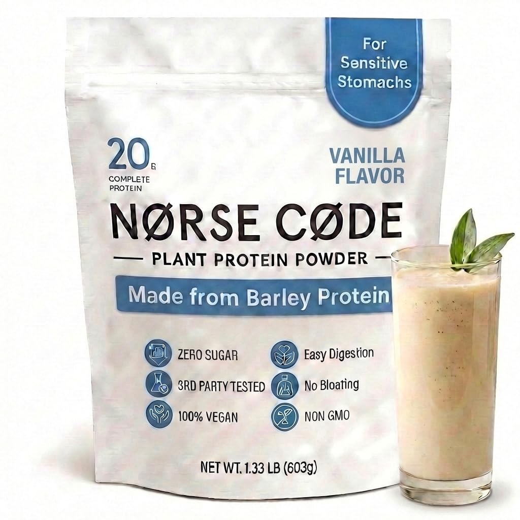 NØRSE CØDE vanilla barley protein powder tub ready for shakes and baking