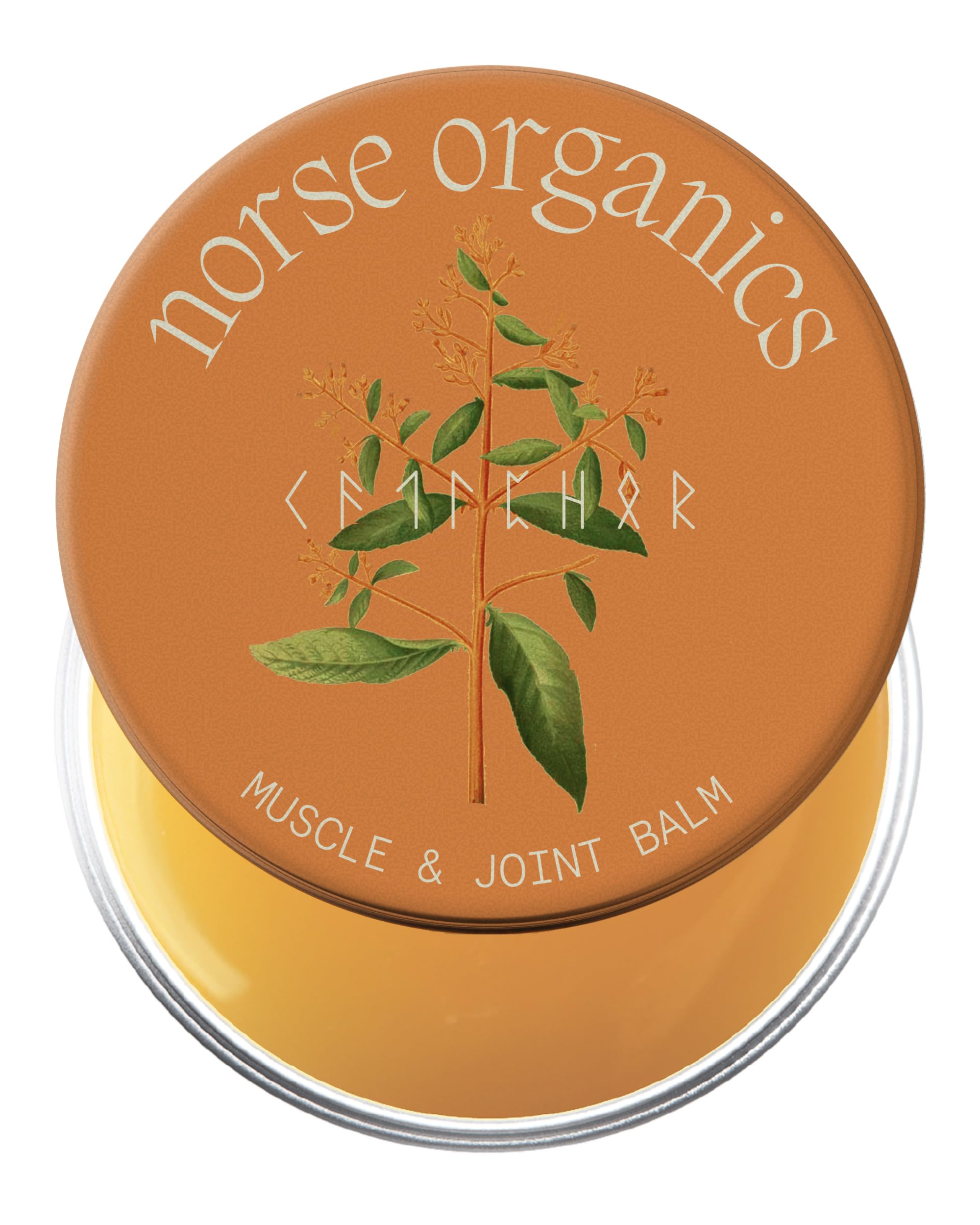 Norse Organics botanical body balm jar closeup for targeted massage and warming comfort.