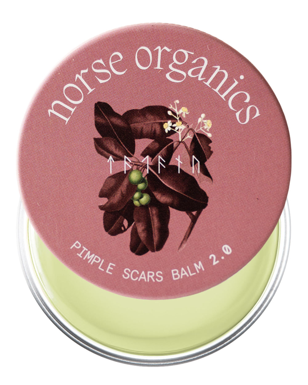 Norse Organics Pimple Scars Balm 2.0 bottle closeup with Arctic herbs for smoother-looking skin