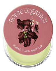 Norse Organics Pimple Scars Balm 2.0 bottle closeup with Arctic herbs for smoother-looking skin