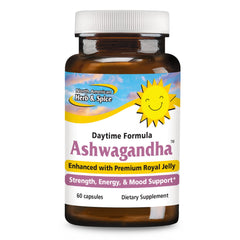 North American Herb & Spice Ashwagandha 60 capsules bottle for steady energy support.