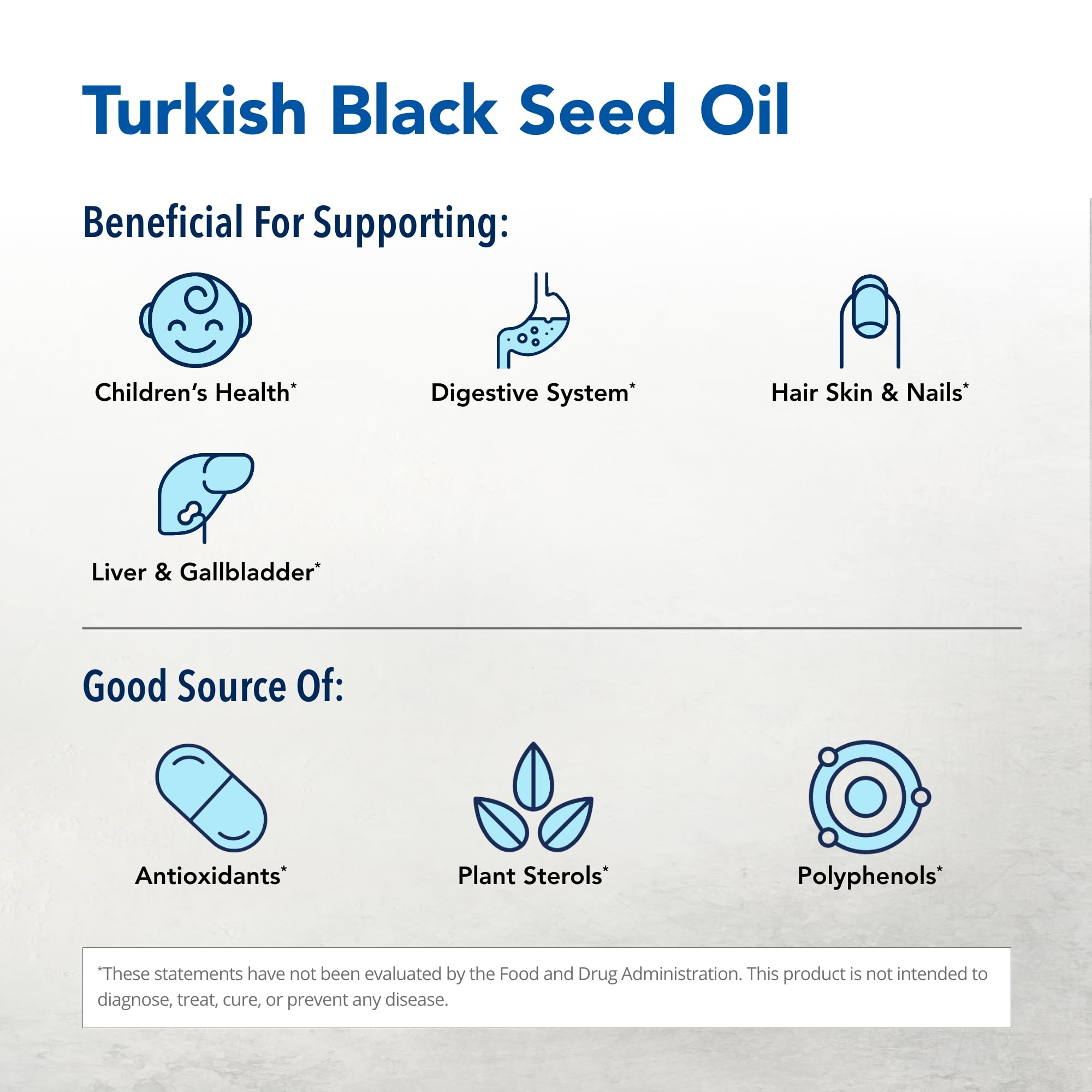 Ingredient panel of North American Herb & Spice Black Seed Oil showing cold-pressed, non-GMO oil.