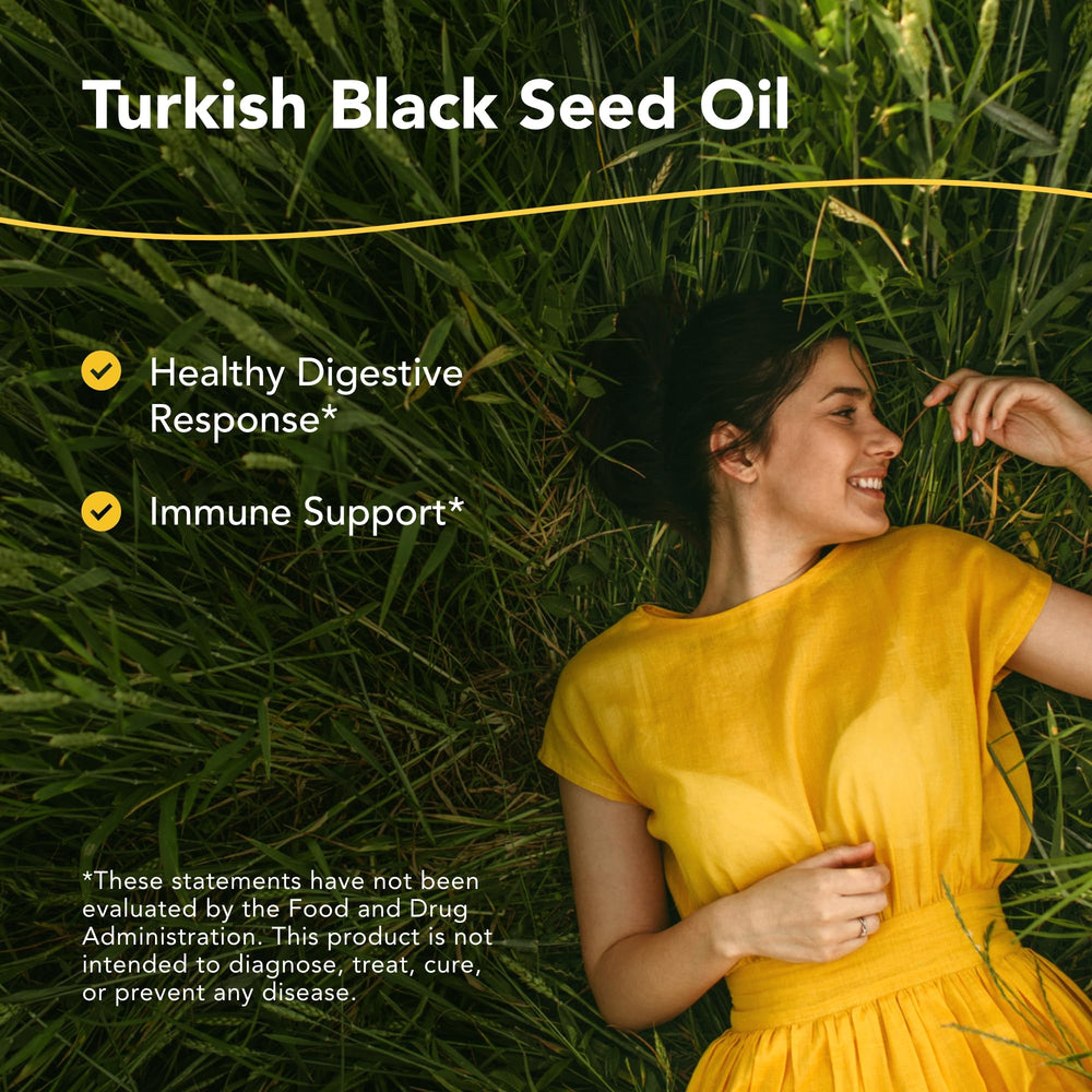 Close-up of North American Herb & Spice Black Seed Oil label signaling purity and Mediterranean source.