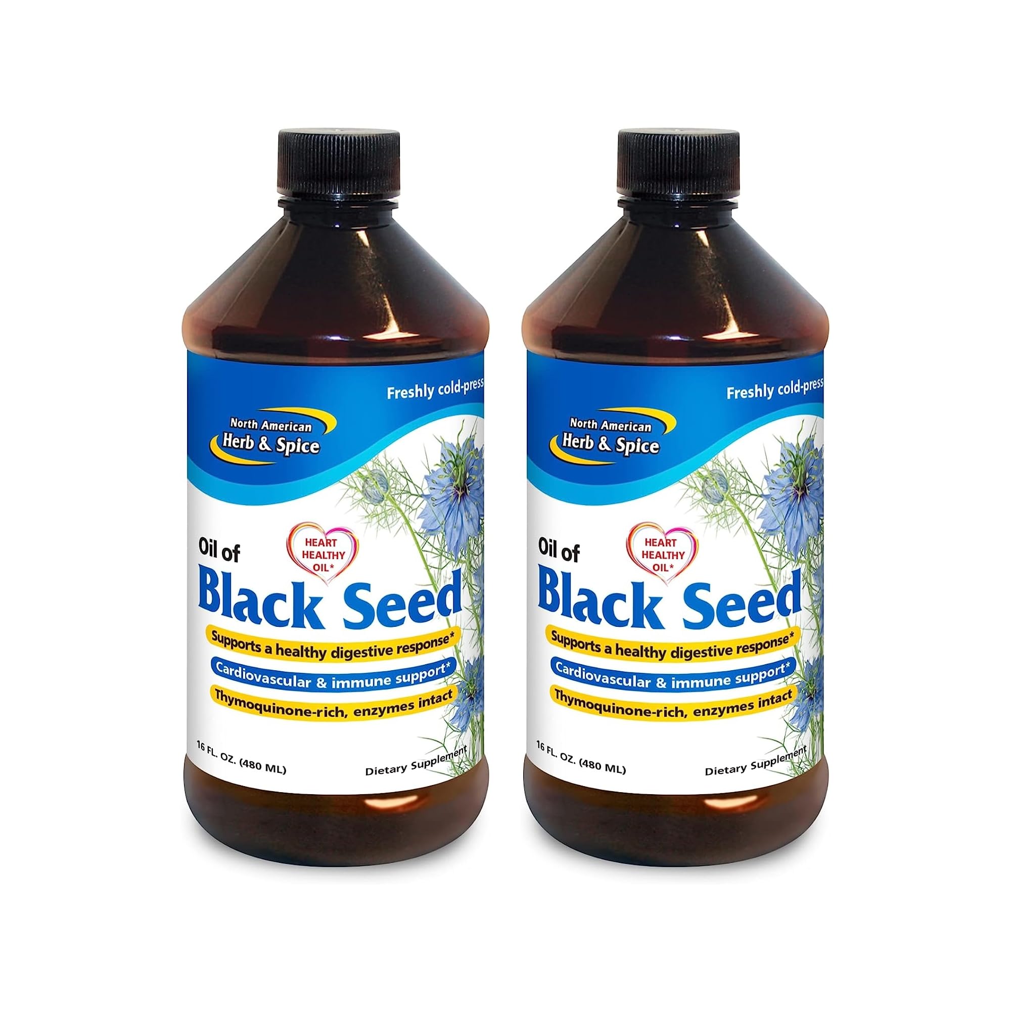North American Herb & Spice Black Seed Oil 16oz bottle pour for easy dosing and daily use.