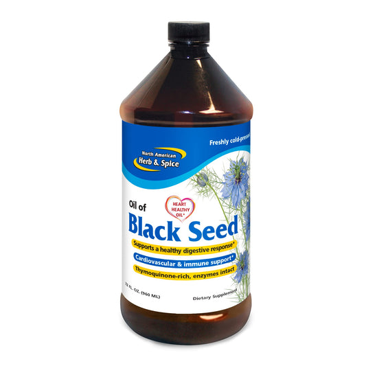 North American Herb & Spice Black Seed Oil bottle highlighting heart-supporting oil potential.