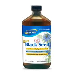 North American Herb & Spice Black Seed Oil bottle with oregano and rosemary, suggesting digestive support.