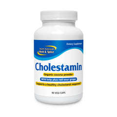 North American Herb & Spice Cholestamin bottle label highlighting cholesterol support.