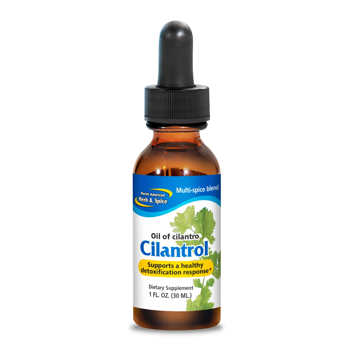 North American Herb & Spice Cilantrol bottle pouring to support digestion.