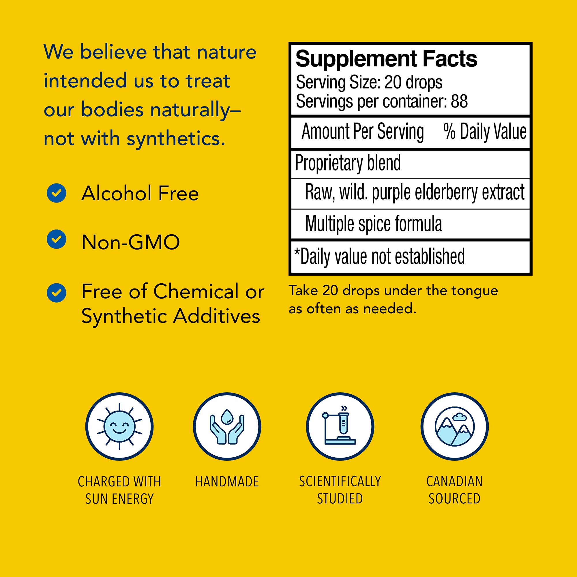 Raw elderberry extract and spice blend in Elderol for natural antioxidant appeal.