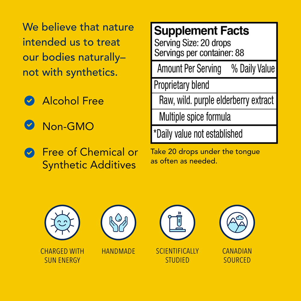 Raw elderberry extract and spice blend in Elderol for natural antioxidant appeal.