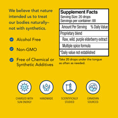 Raw elderberry extract and spice blend in Elderol for natural antioxidant appeal.