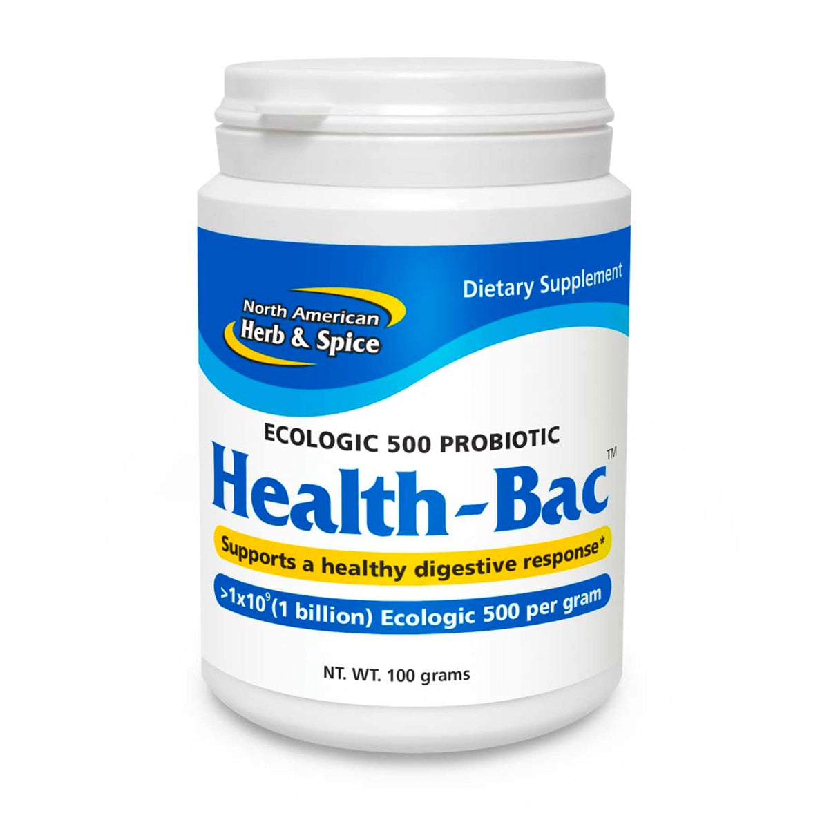Health-Bac bottle label showing brand and probiotic blend for digestive support
