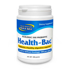 Health-Bac bottle label showing brand and probiotic blend for digestive support