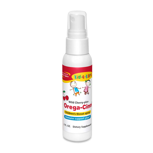 North American Herb & Spice kid-e-kare Orega-Cinn throat spray bottle ready for easy on-the-go use.