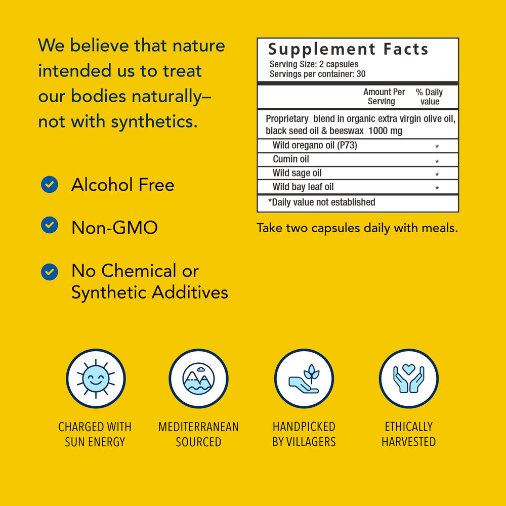 OregaBiotic label design highlighting non-GMO and wild-sourced ingredients.