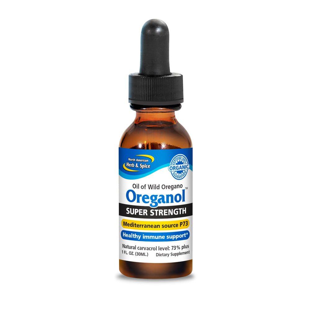 North American Herb & Spice Oreganol oil bottle shows wild oregano with olive oil for culinary flavor.