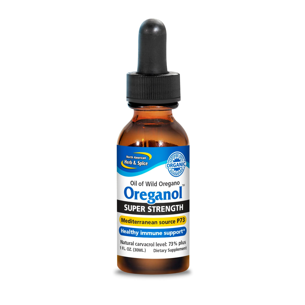 North American Herb & Spice Oreganol oil bottle shows wild oregano with olive oil for culinary flavor.