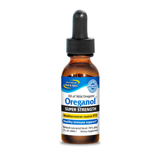 North American Herb & Spice Oreganol oil bottle shows wild oregano with olive oil for culinary flavor.