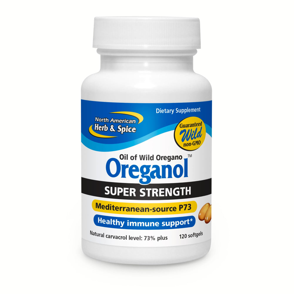 NORTH AMERICAN HERB & SPICE Oreganol P73 bottle front highlights pure wild oregano oil for daily herbal use