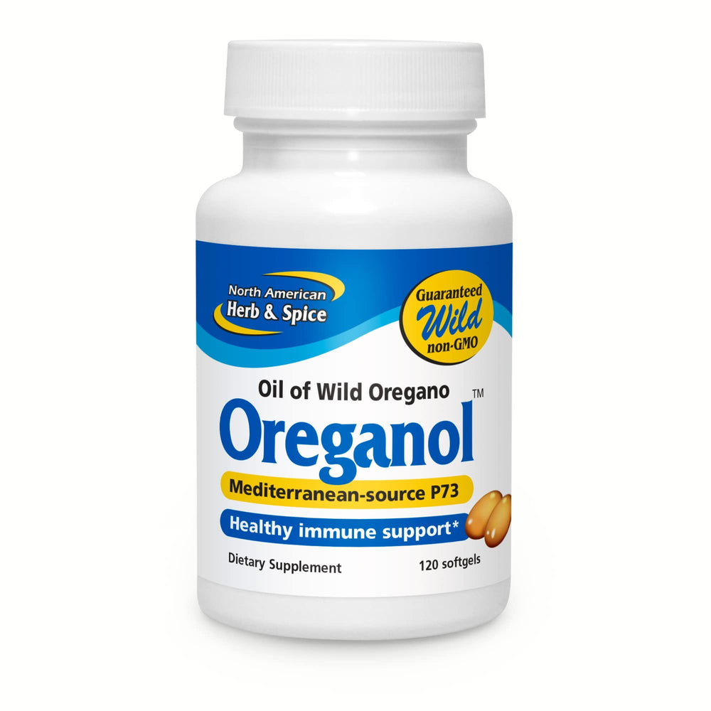 North American Herb & Spice Oreganol P73 bottle front displays full-spectrum oregano oil for daily use