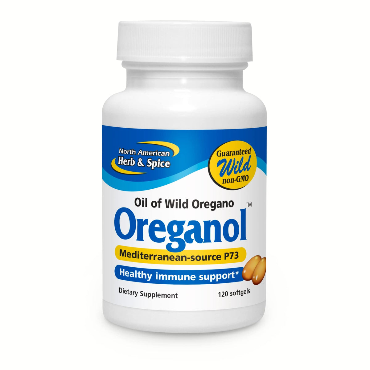 North American Herb & Spice Oreganol P73 bottle front displays full-spectrum oregano oil for daily use