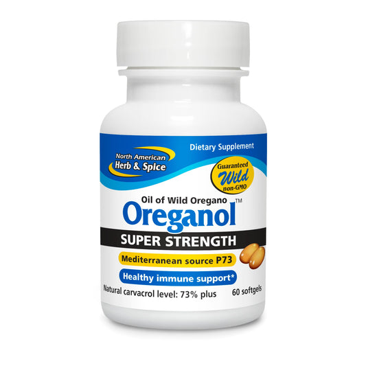 North American Herb & Spice Oreganol P73 bottle shows wild oregano oil for daily wellness