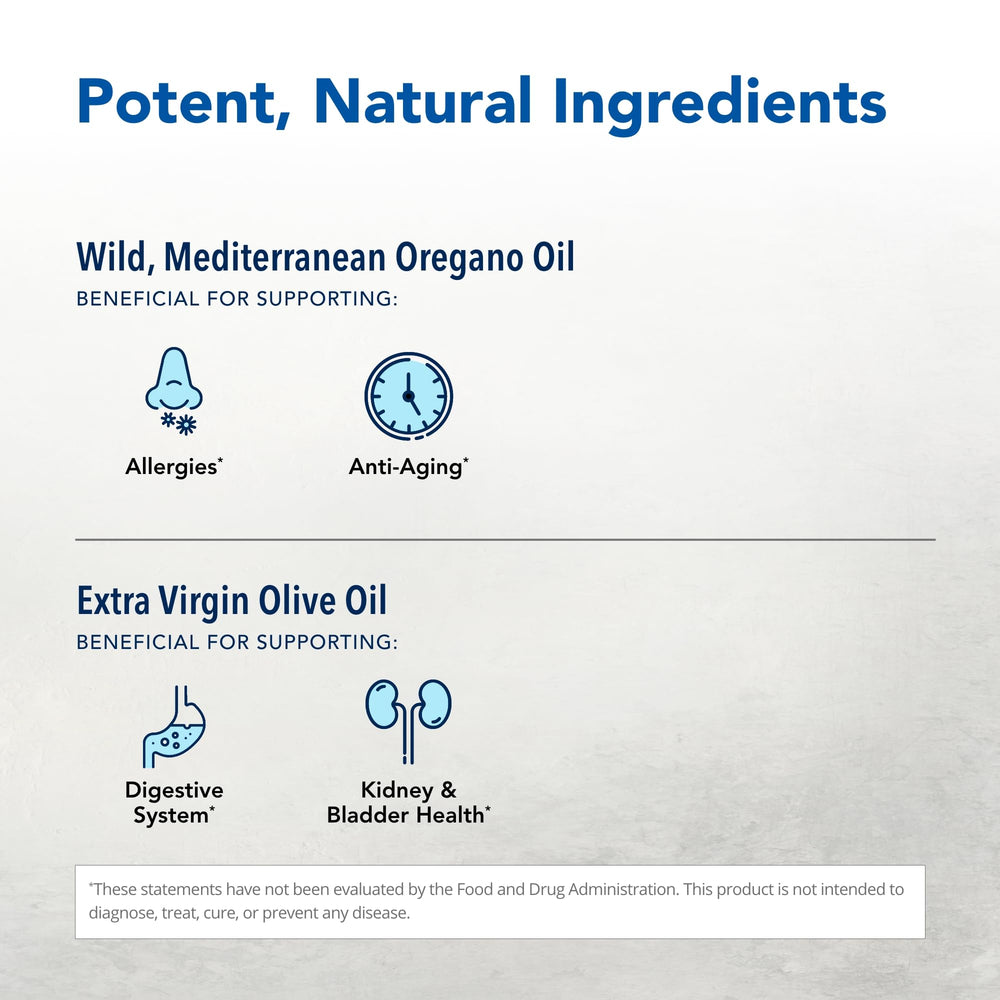 Oreganol P73 ingredients show mountain-grown oregano and olive oil