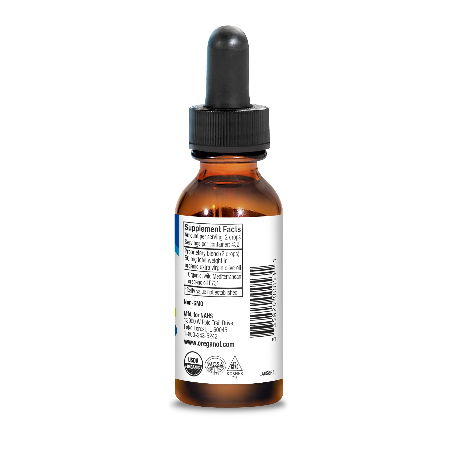 Close-up of Oreganol P73 label highlighting wild organic oregano oil