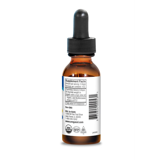 Close-up of Oreganol P73 label highlighting wild organic oregano oil