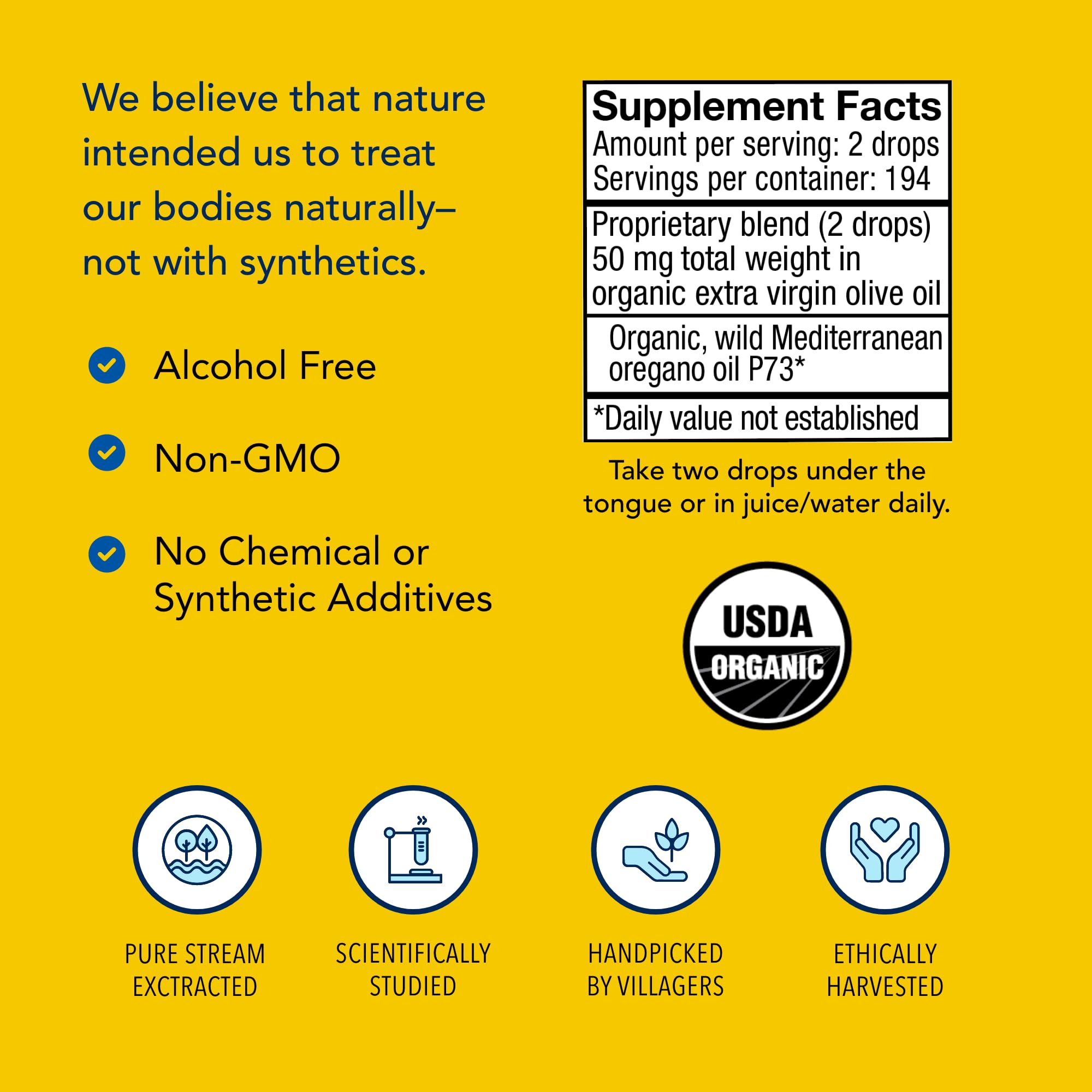 NORTH AMERICAN HERB & SPICE Oreganol P73 vial label shows ingredients and origin.