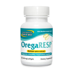 North American Herb & Spice OregaResp P73 bottle label highlighting full-spectrum oregano oil for immune support