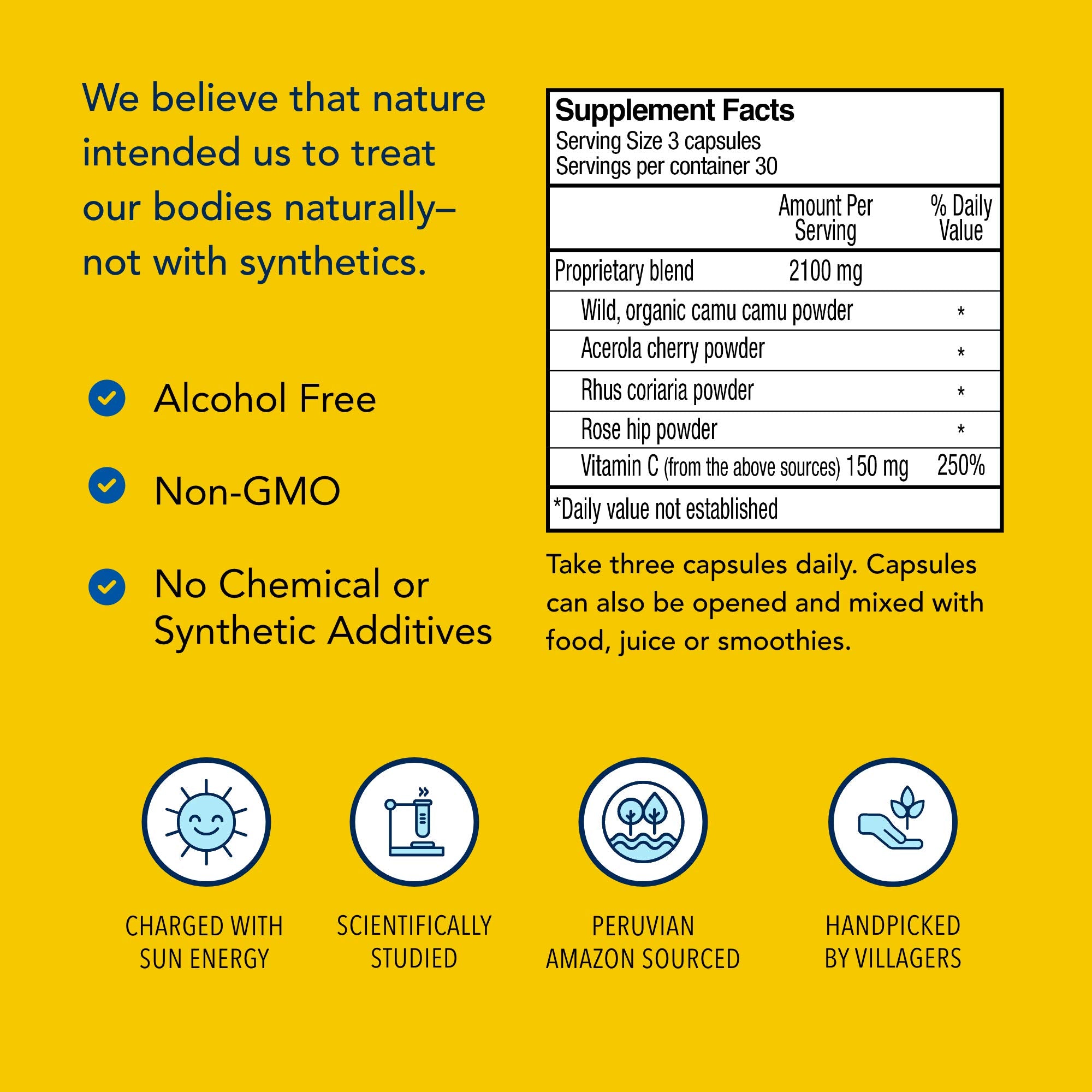 Close-up of Purely-C bottle emphasizes non-GMO and chemical-free formulation.