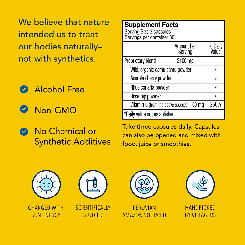 Close-up of Purely-C bottle emphasizes non-GMO and chemical-free formulation.