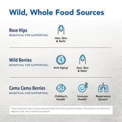 North American Herb & Spice Purely-C label close-up highlights 40 servings and whole-food ingredients.