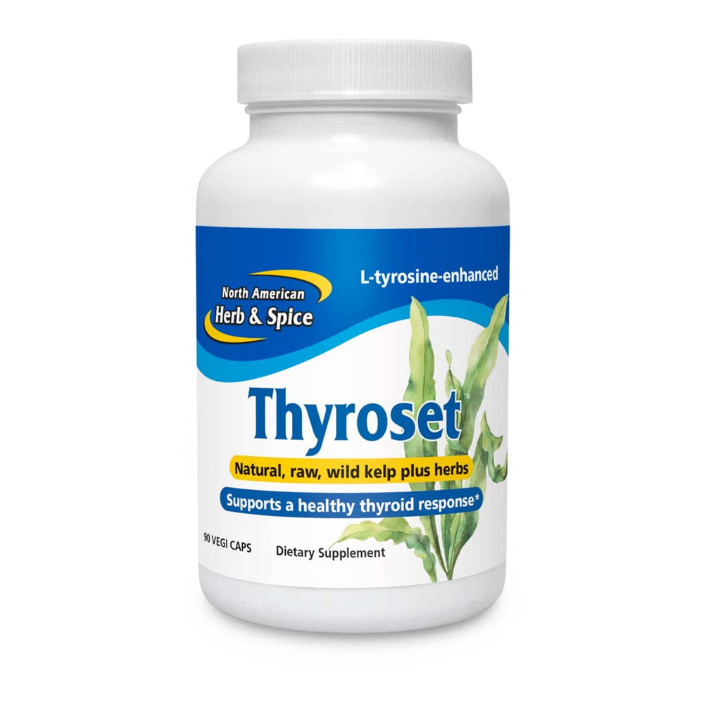NORTH AMERICAN HERB & SPICE Thyroset bottle with wild kelp and herbs for daily wellness.