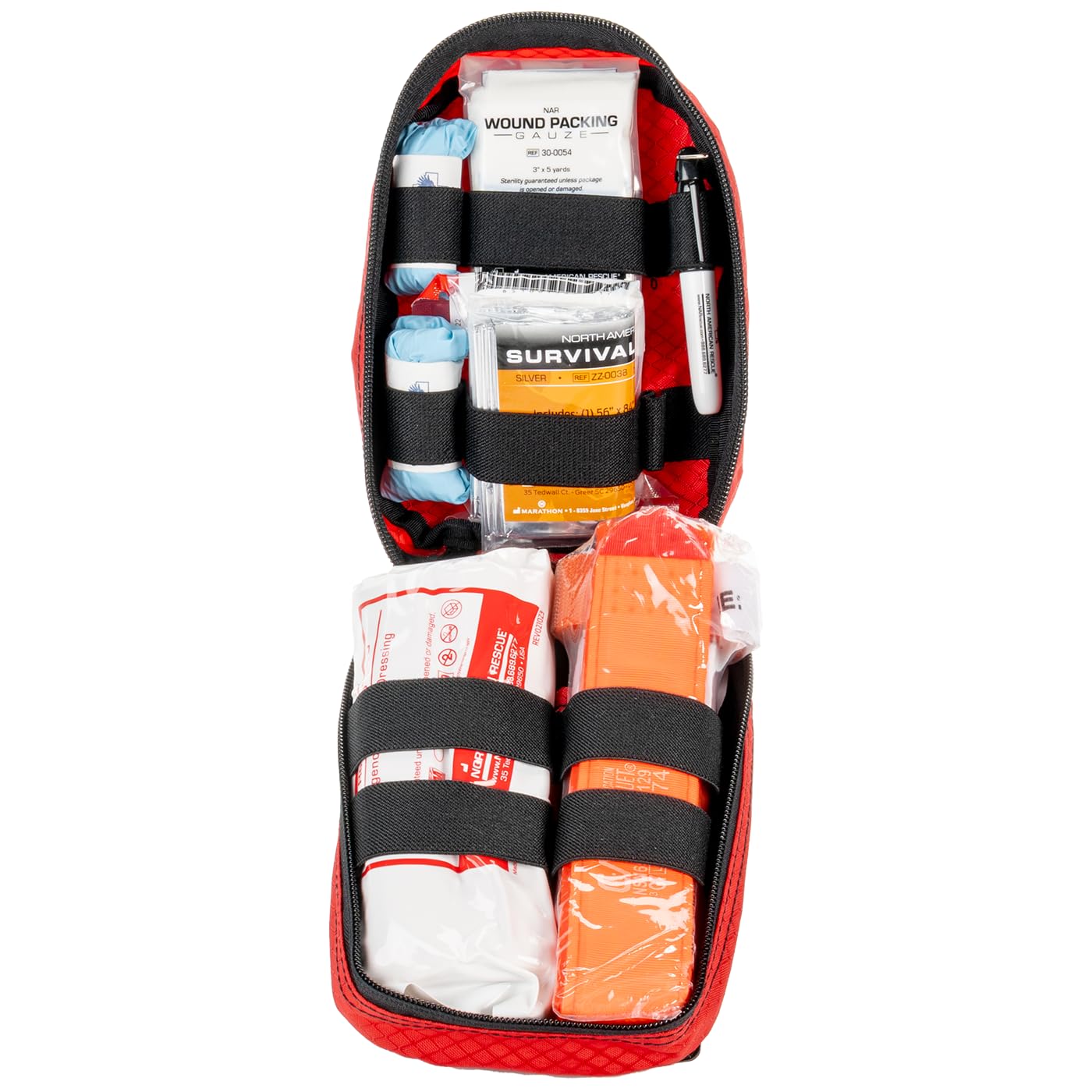 North American Rescue compact bleeding-control kit bag with C-A-T tourniquet for rapid response.