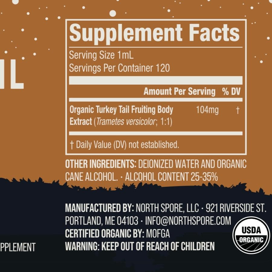North Spore Chaga tincture bottle with earthy aroma and antioxidant-rich potential.