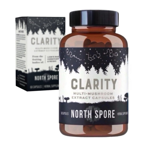North Spore Clarity bottle front highlighting capsules for focused cognitive support.