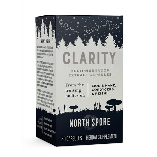 North Spore Clarity capsules closeup showing potent mushroom blend benefits.
