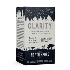 North Spore Clarity capsules closeup showing potent mushroom blend benefits.