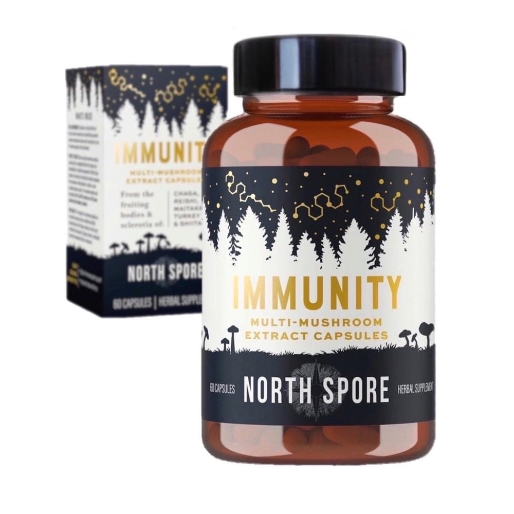 North Spore Immunity bottle with capsules showing five-mushroom blend for immune support.