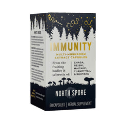 North Spore Immunity bottle close-up shows mushroom blend for everyday immune support.