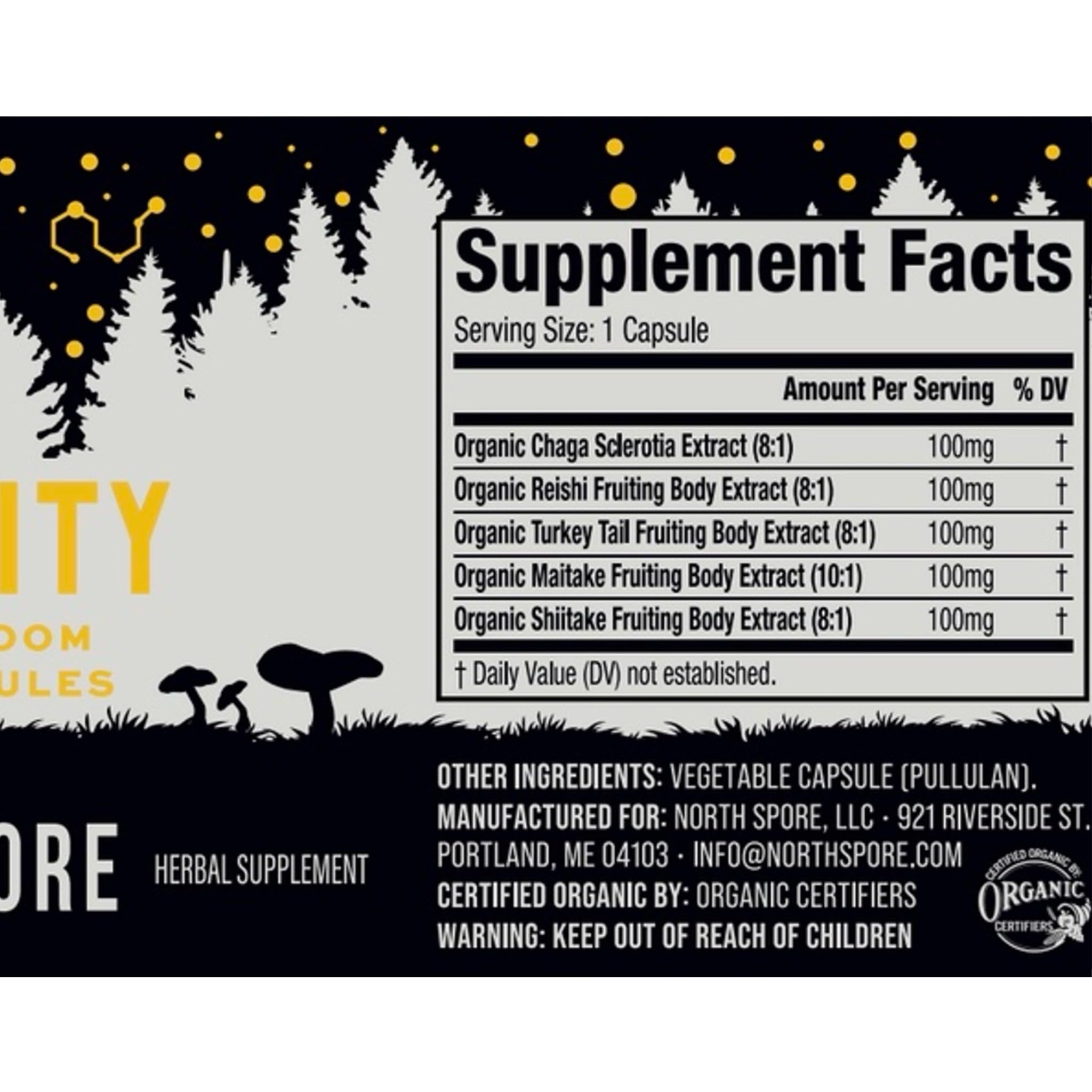 North Spore capsules shown with label noting 100 mg organic extracts.